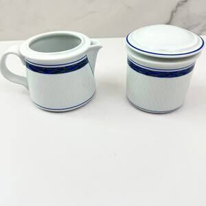 Dansk Vintage New Scandia Porcelain Trellis Floral Sugar Creamer Set Blue White